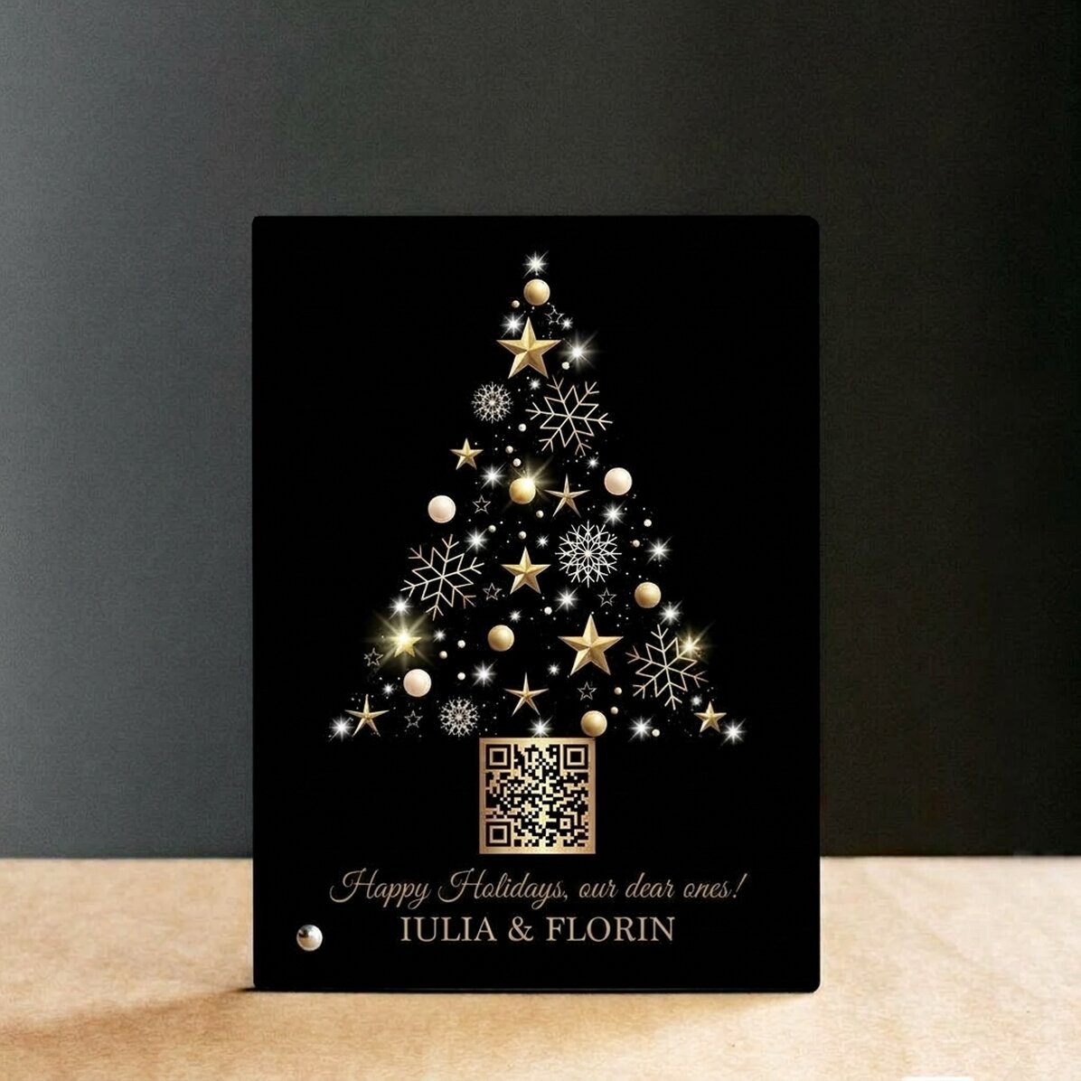 Personalised desk photo frame with QR code and Christmas message