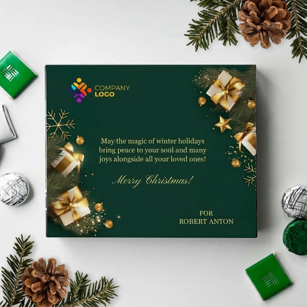 Personalised box of chocolates with logo and text - Happy Holidays