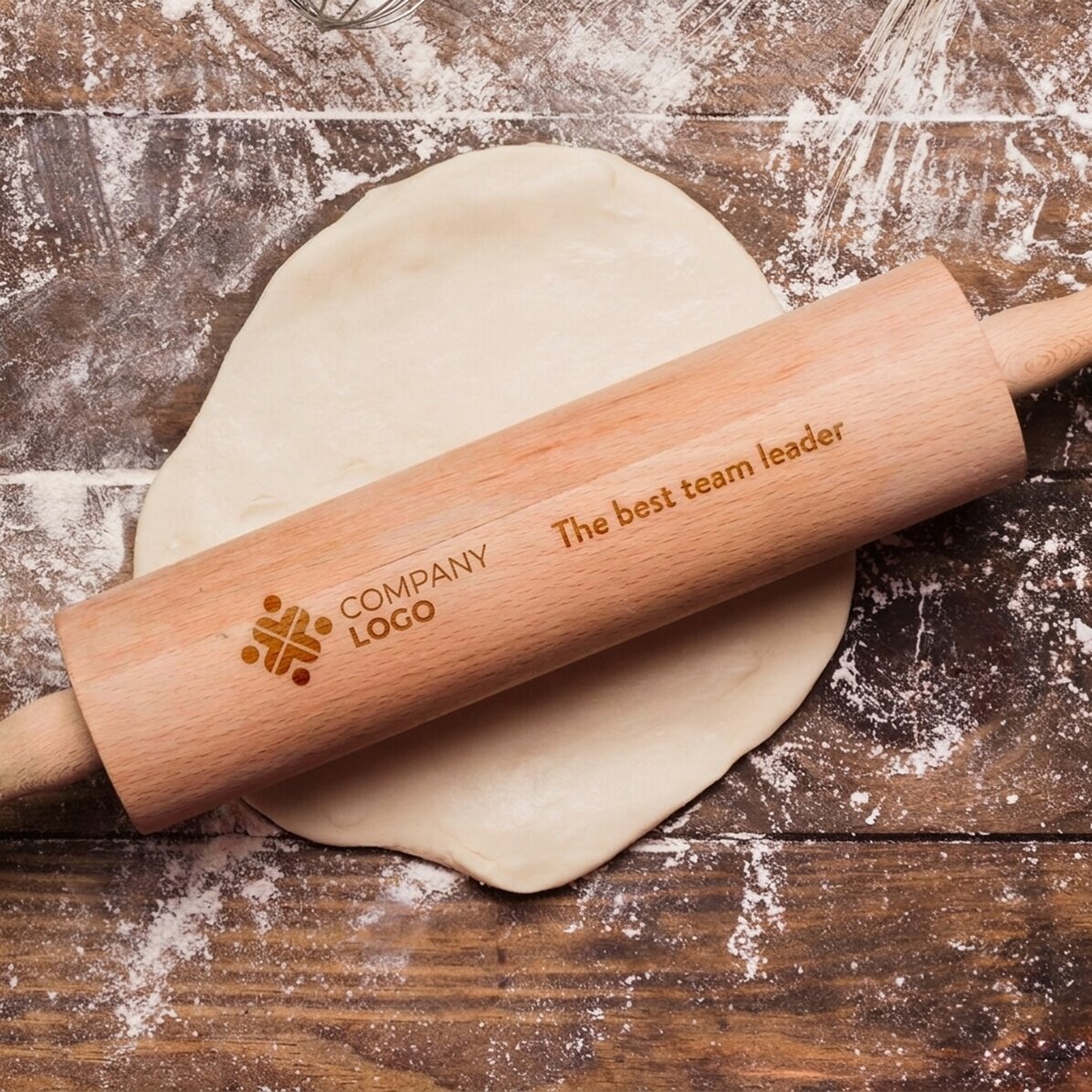 Personalised wooden rolling pin with logo and message