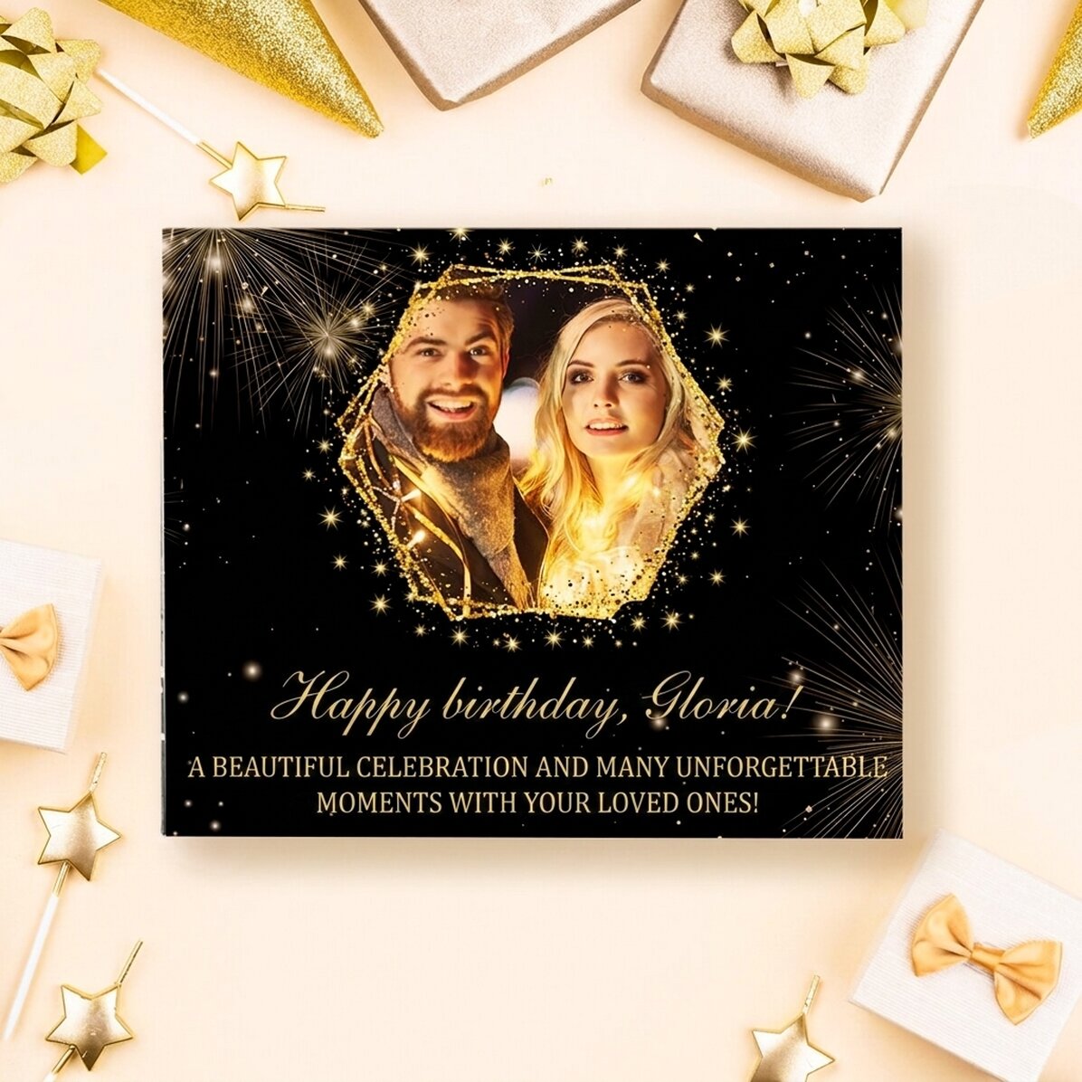 Personalised box of chocolates with a photo and text - Golden