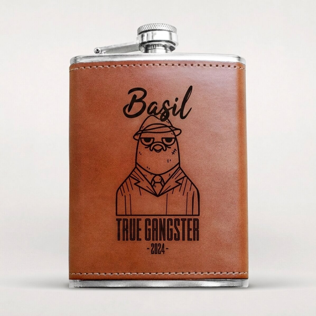 Leather-covered pocket flask personalised with name - Gangster