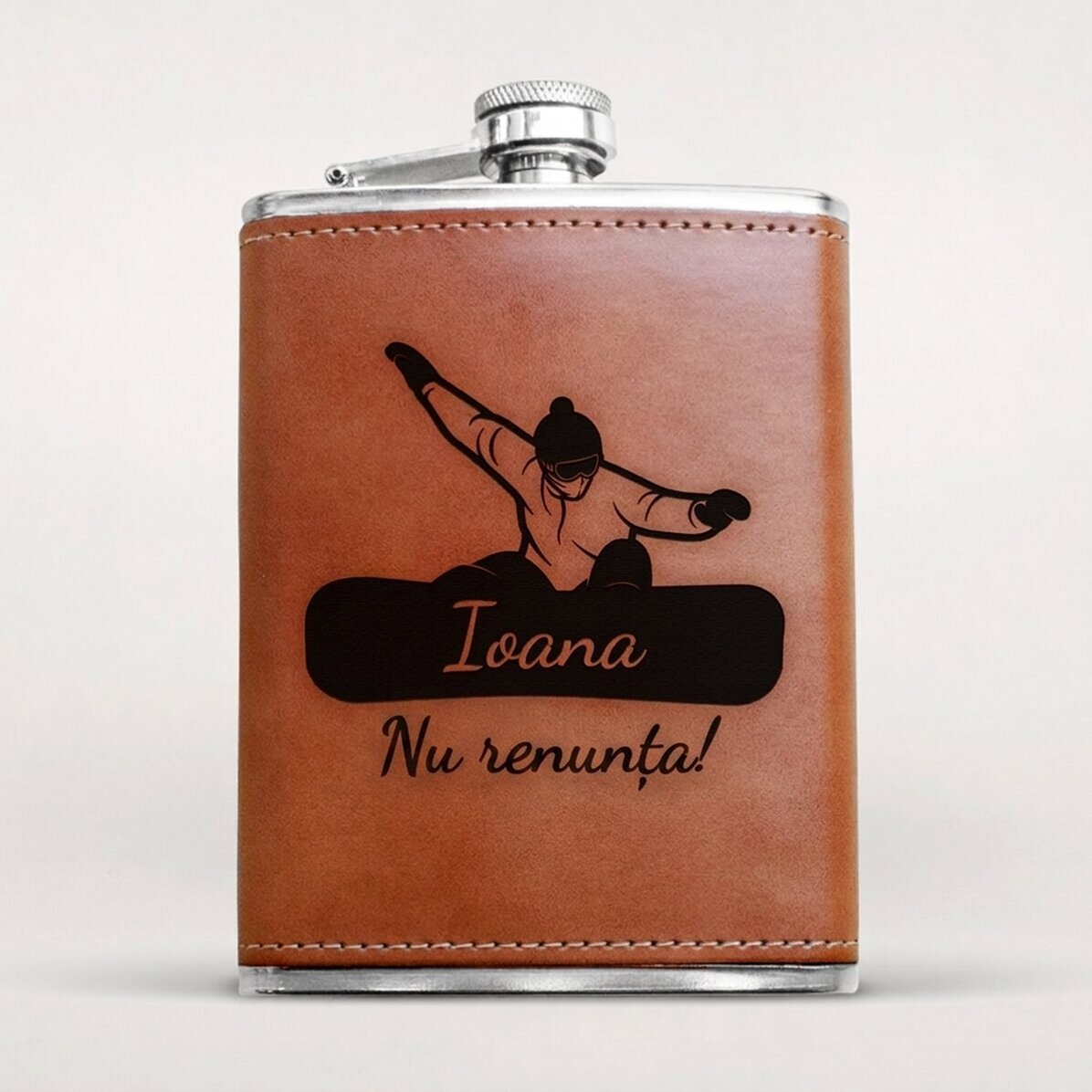 Leather-covered pocket flask personalised with name and message - Snowboard