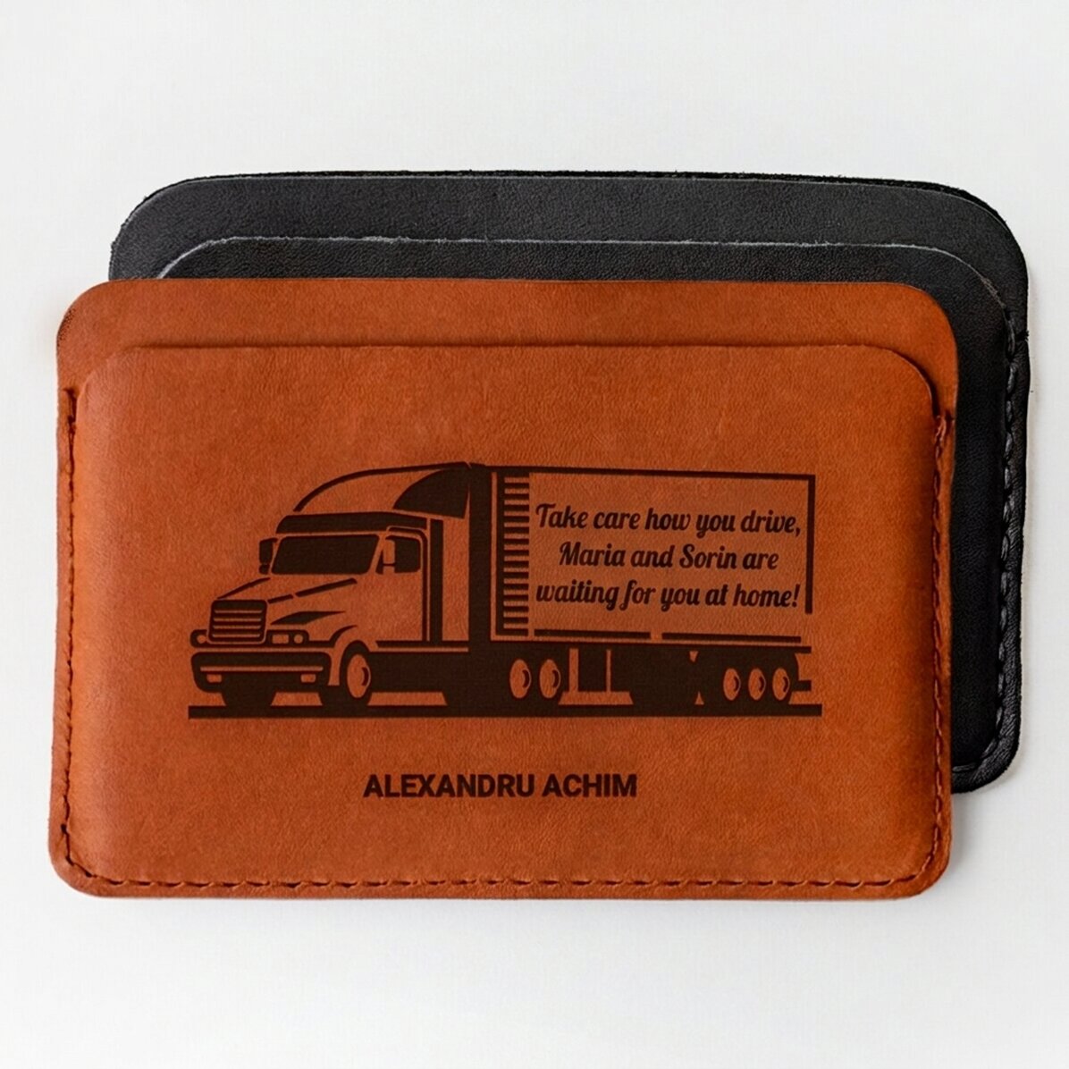 Personalised leather wallet with text for drivers