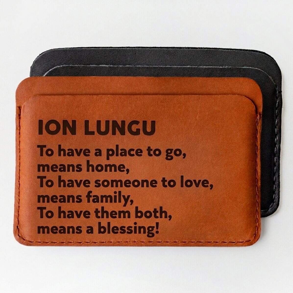 Personalised leather wallet with text for family