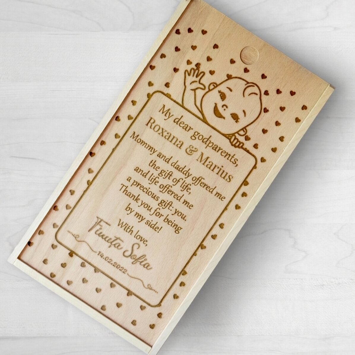 Personalised wooden gift box with a thank you message for godparents
