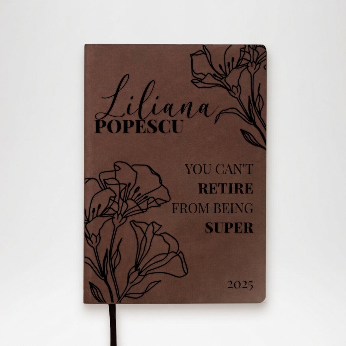 Personalised leather diary with retirement message and elegant design