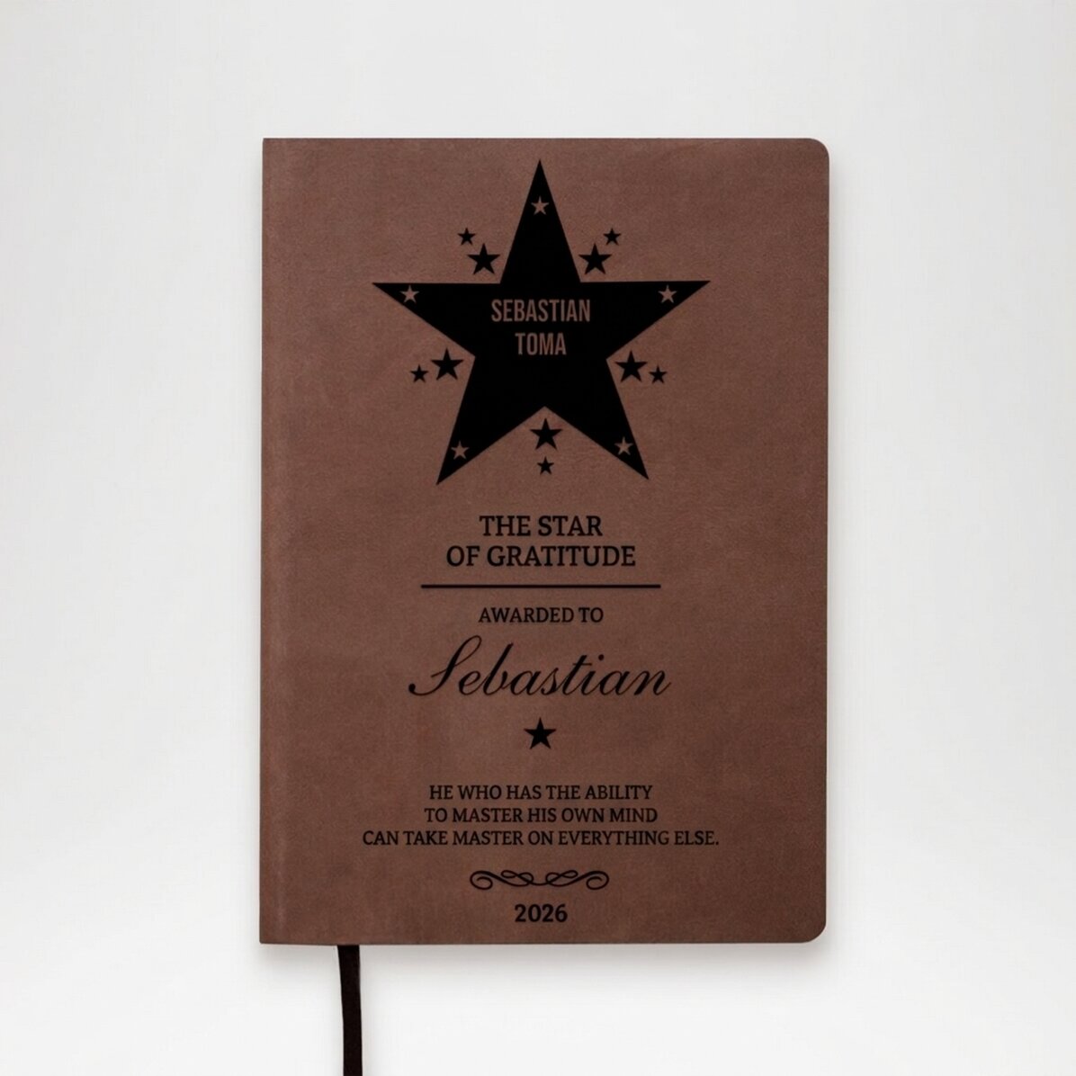 Personalised leather diary with Star of Gratitude and quote