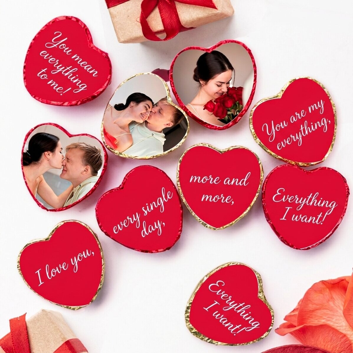 Set of 10 mini heart chocolates personalised with photos and text - Hidden message