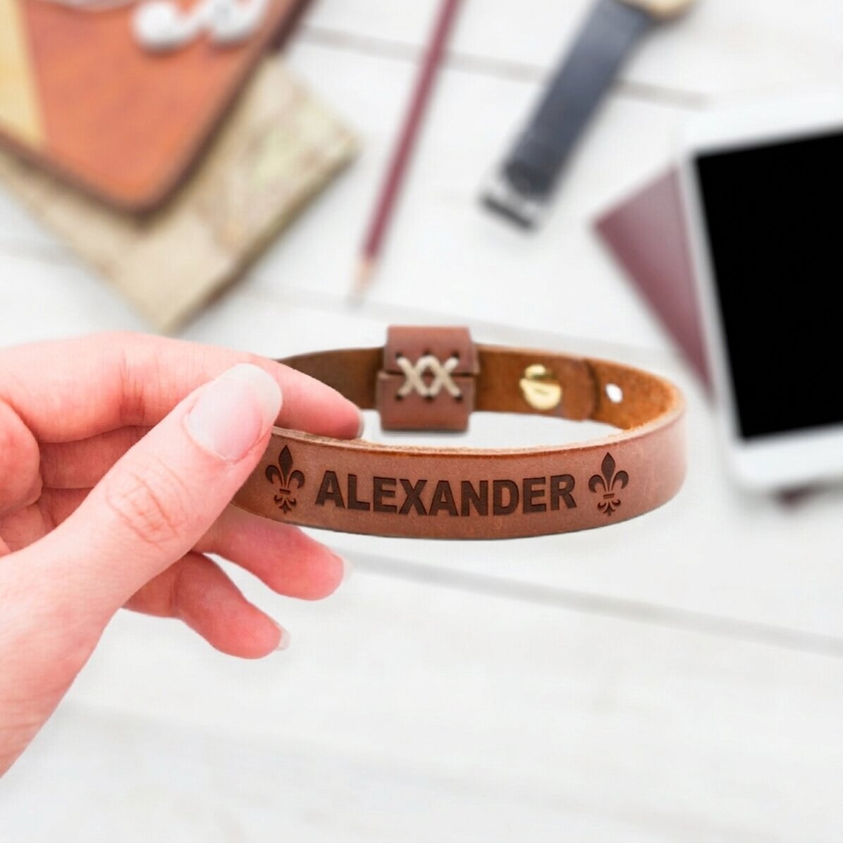 Personalised leather bracelet with name for men
