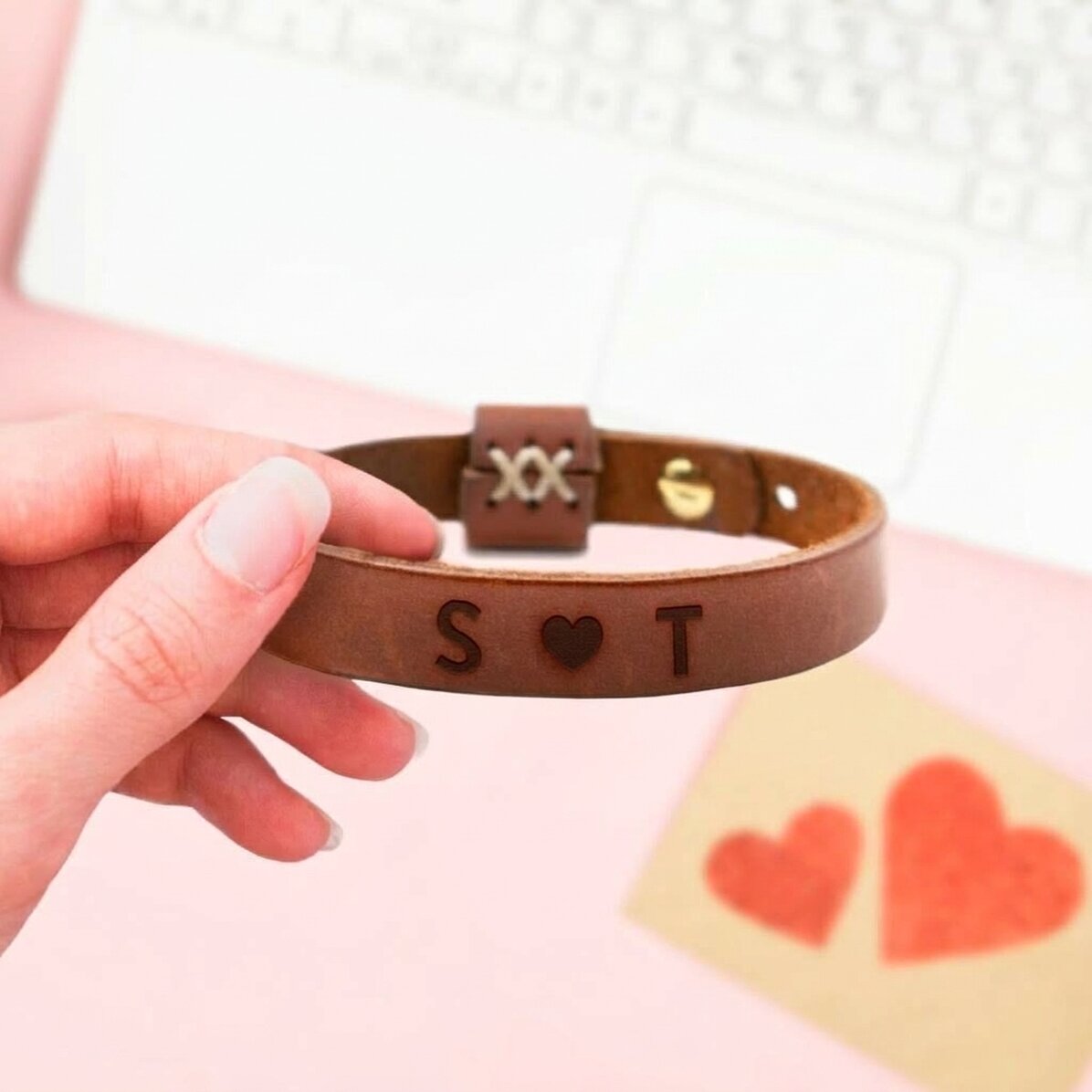 Personalised leather bracelet with 2 initials - Heart