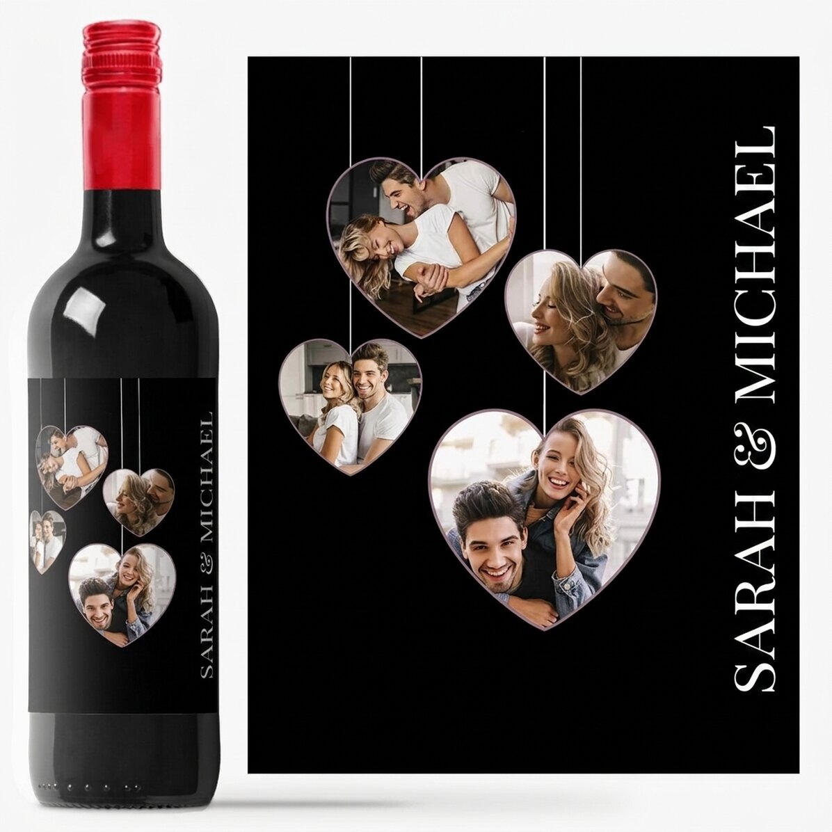 Personalised wine with 4 heart-shaped photos for couples