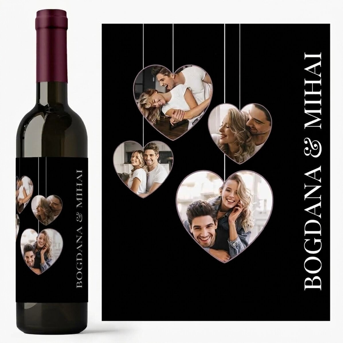 Personalised wine with 4 heart-shaped photos for couples