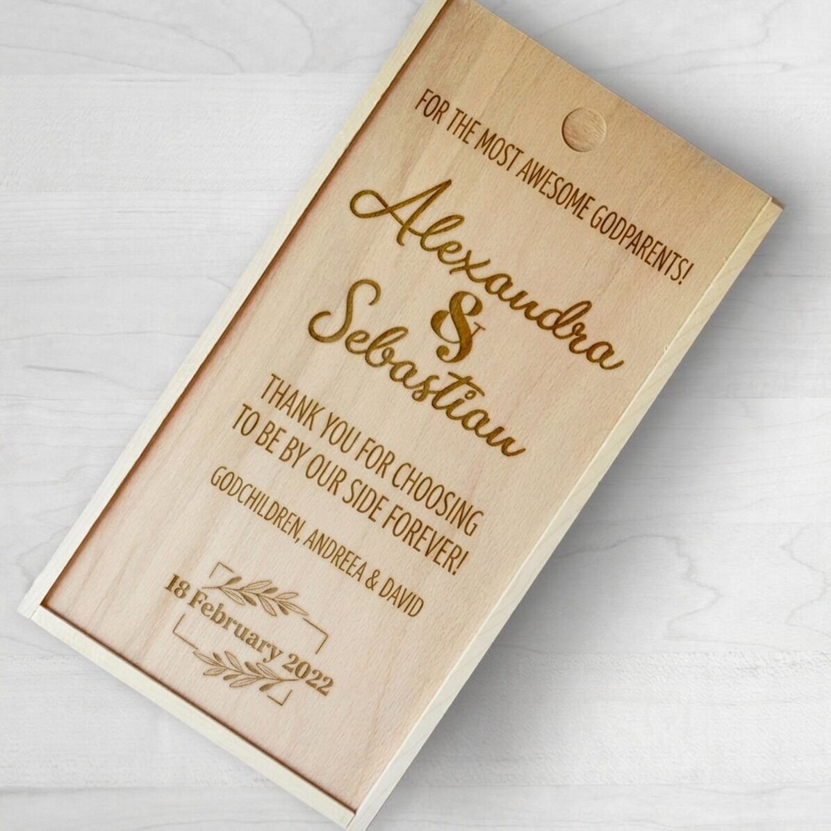 Personalised wooden gift box with date and message - For the coolest godparents!