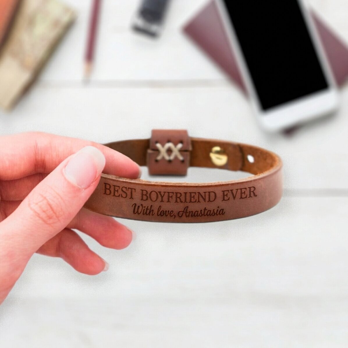 Personalised leather bracelet with message - With love