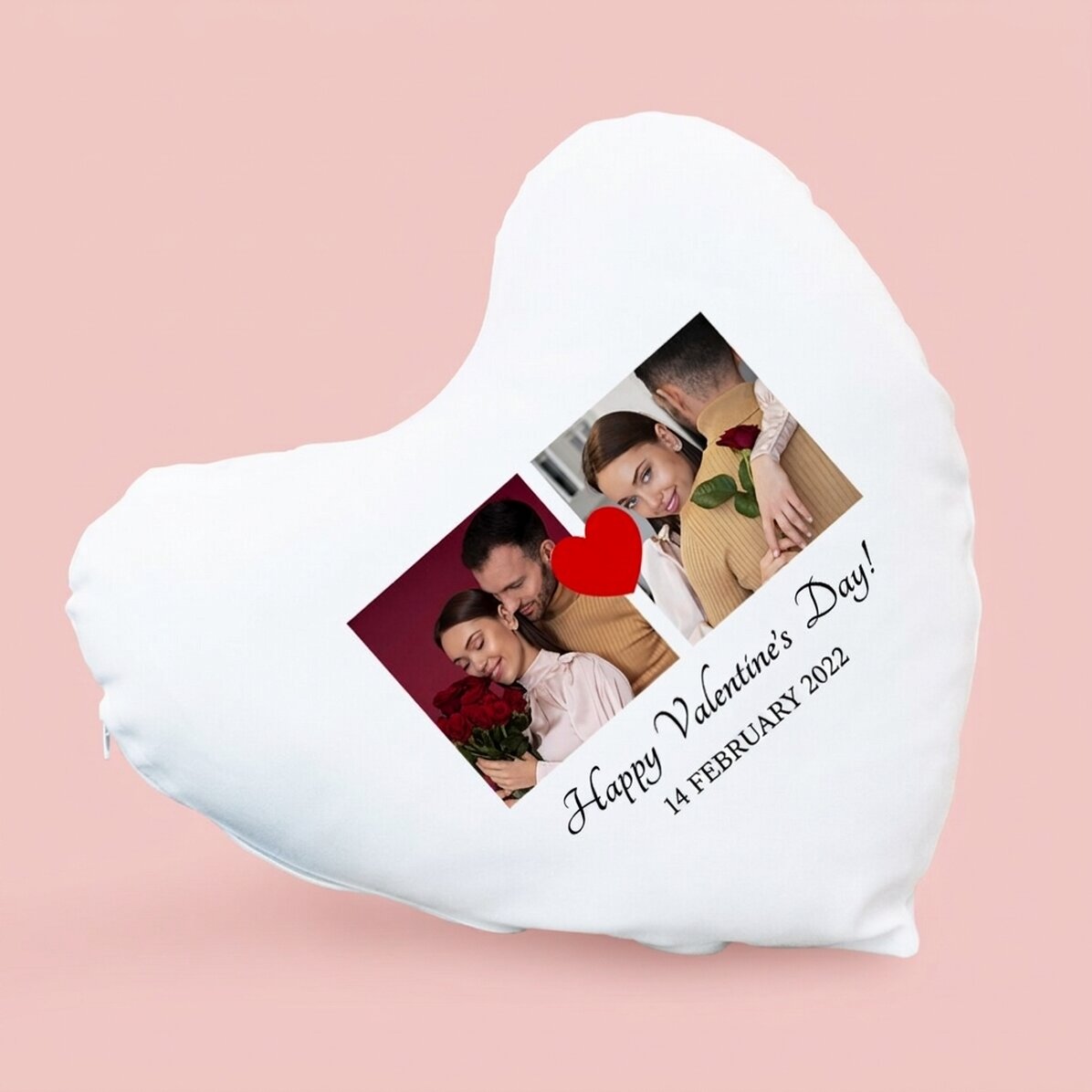 Personalised heart-shaped cushion with 2 photos and text