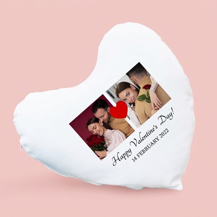 Personalised heart-shaped cushion with 2 photos and text
