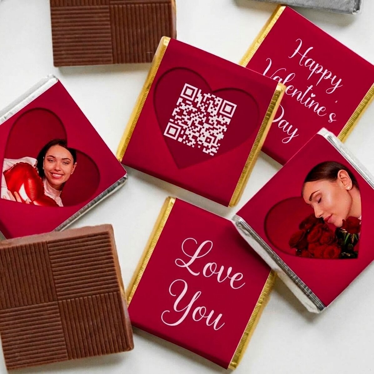 Set of 5 mini chocolates personalised with photos, QR code and text - Love