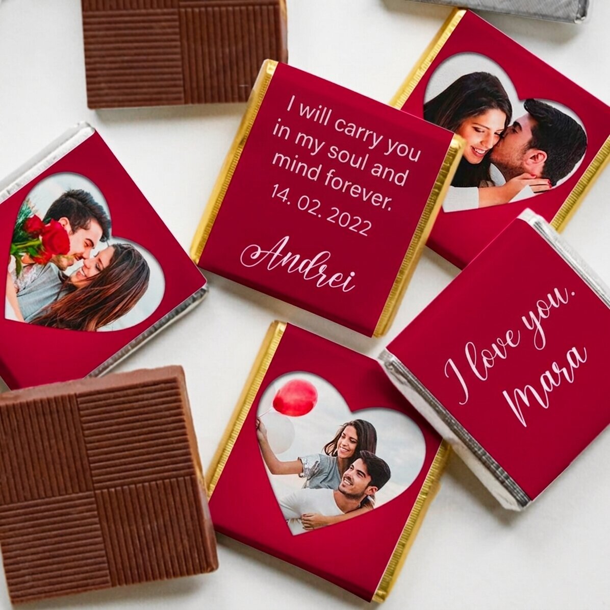 Set of 5 mini chocolates personalised with photos and text - Love