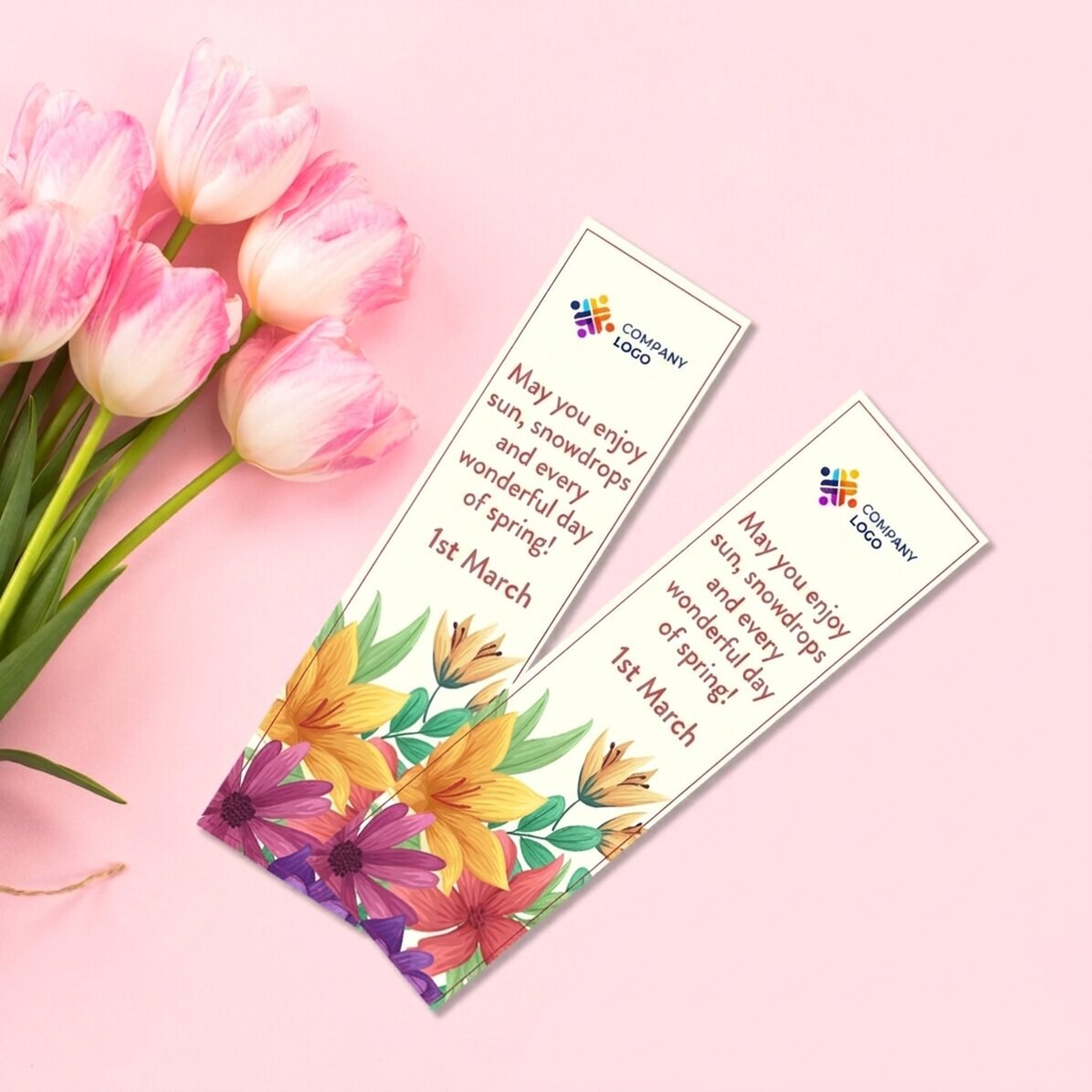 Personalised bookmark with logo and spring message