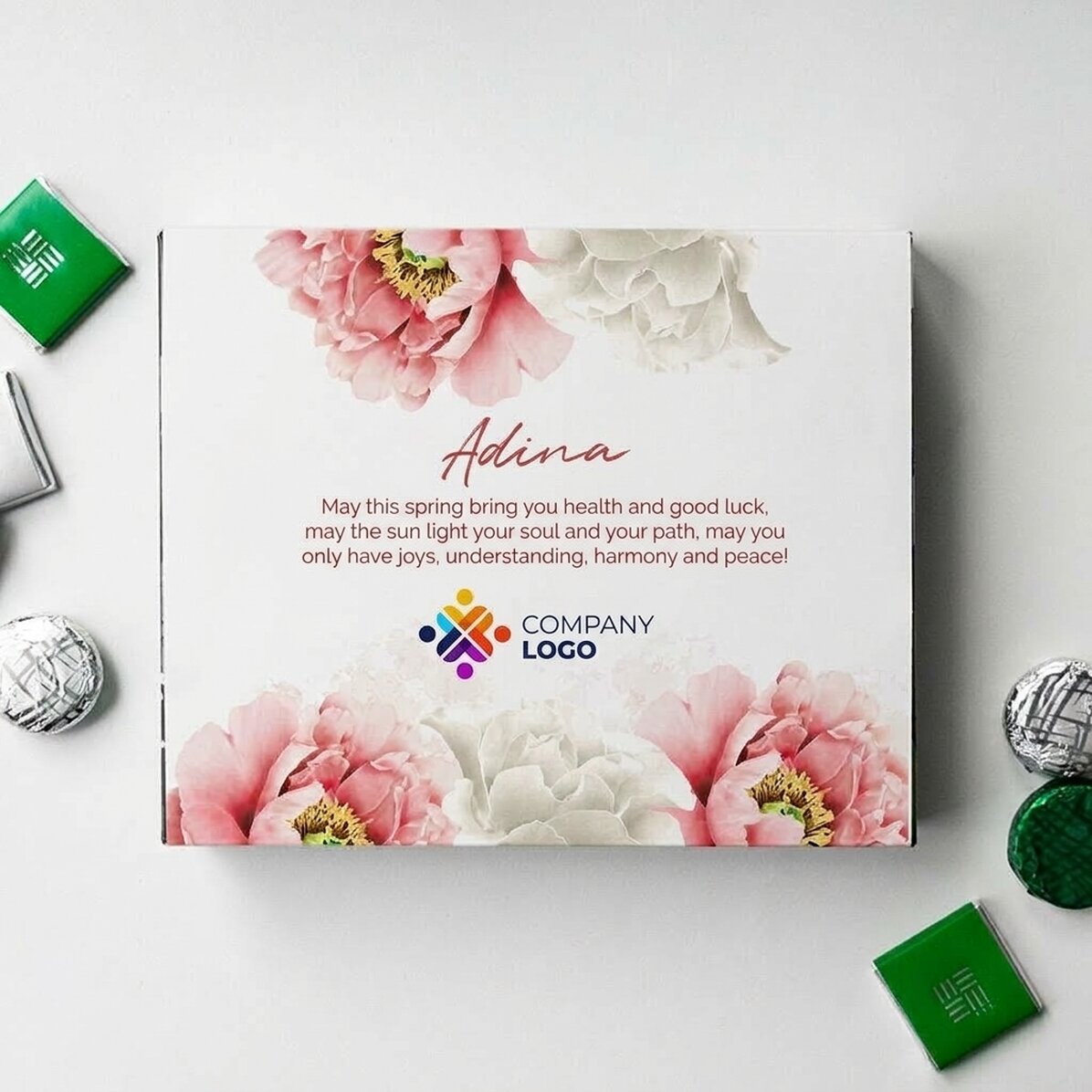 Personalised box of chocolates with logo and message - Beautiful Spring