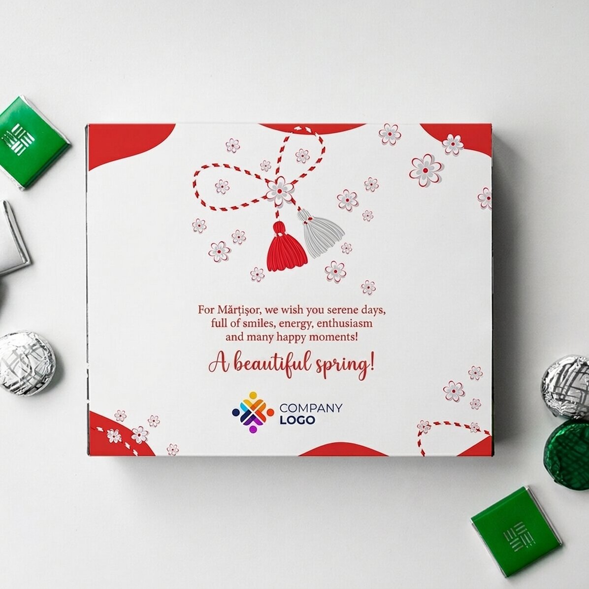 Personalised box of sweets with logo and message