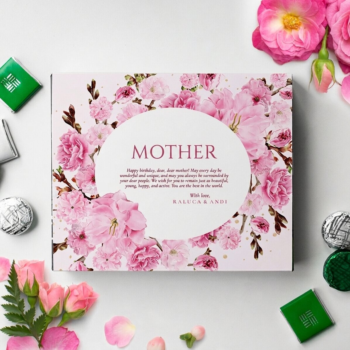 Personalised box of chocolates with text for mum