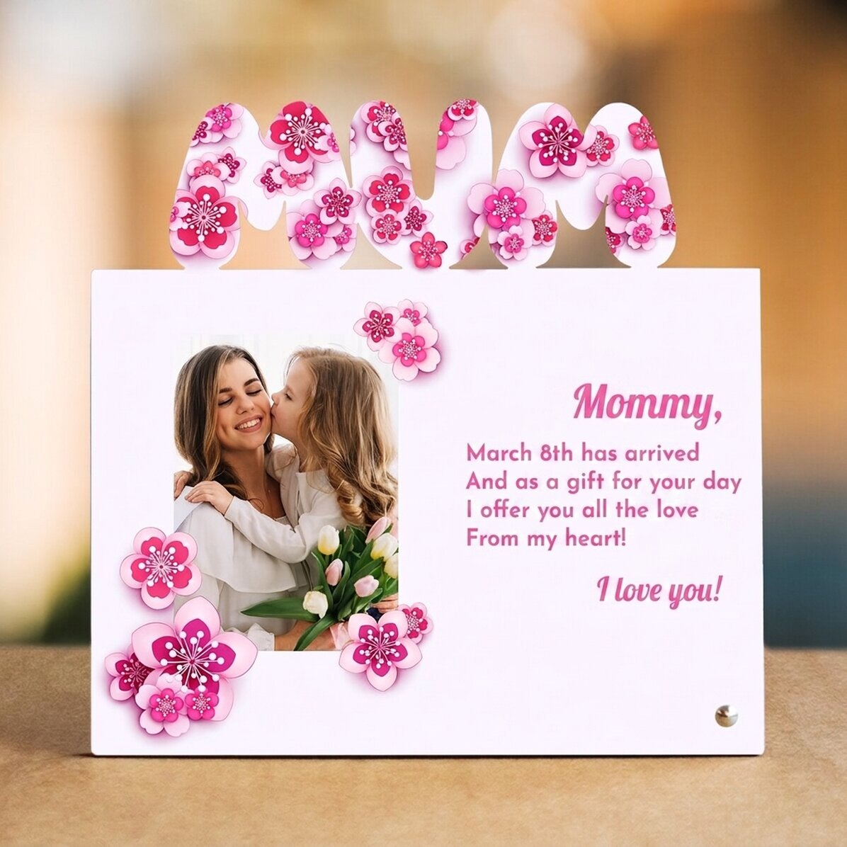 Personalised desk photo frame with photo and text - 8 March
