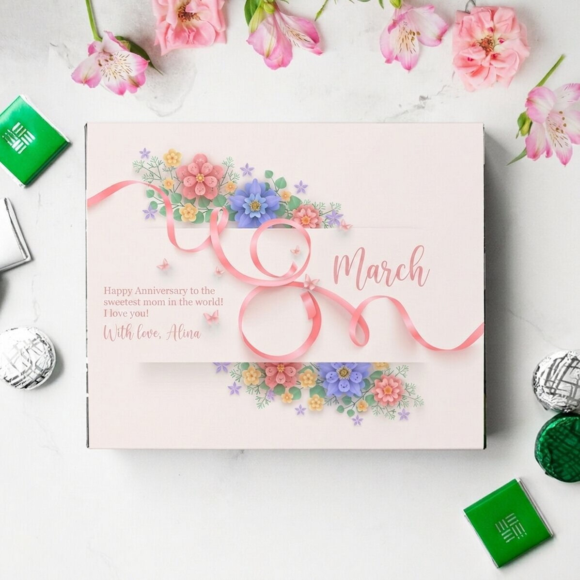 Personalised box of chocolates with text for mum - 8 March