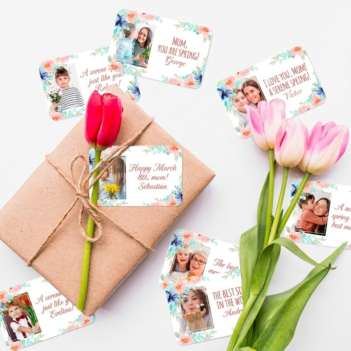 Set of 8 stickers (self-adhesive labels) personalised with photos and message - Spring