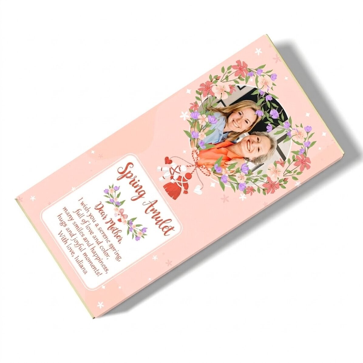 Personalised chocolate with photo and flowery message