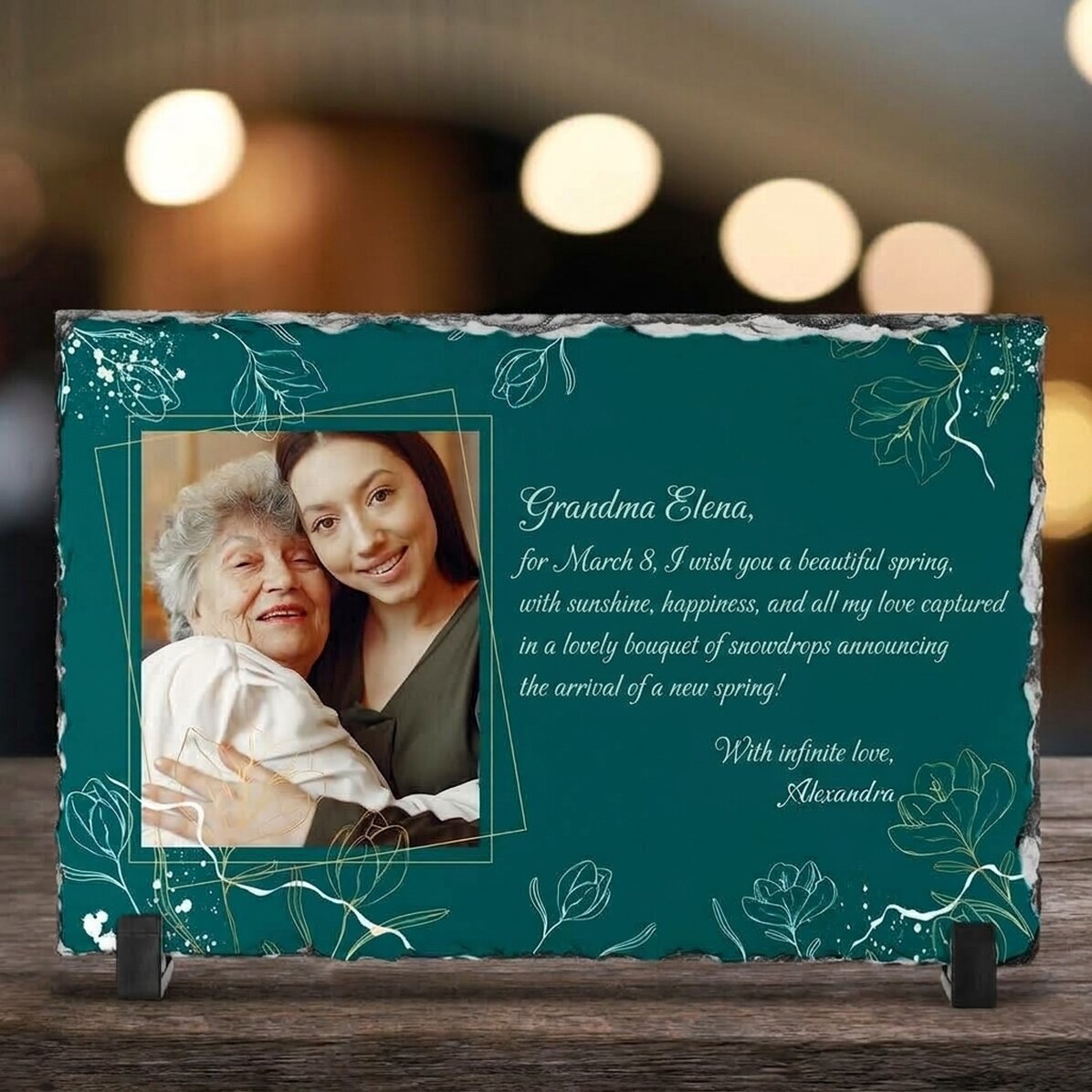 Personalised slate plaque with a photo and message - Flowers