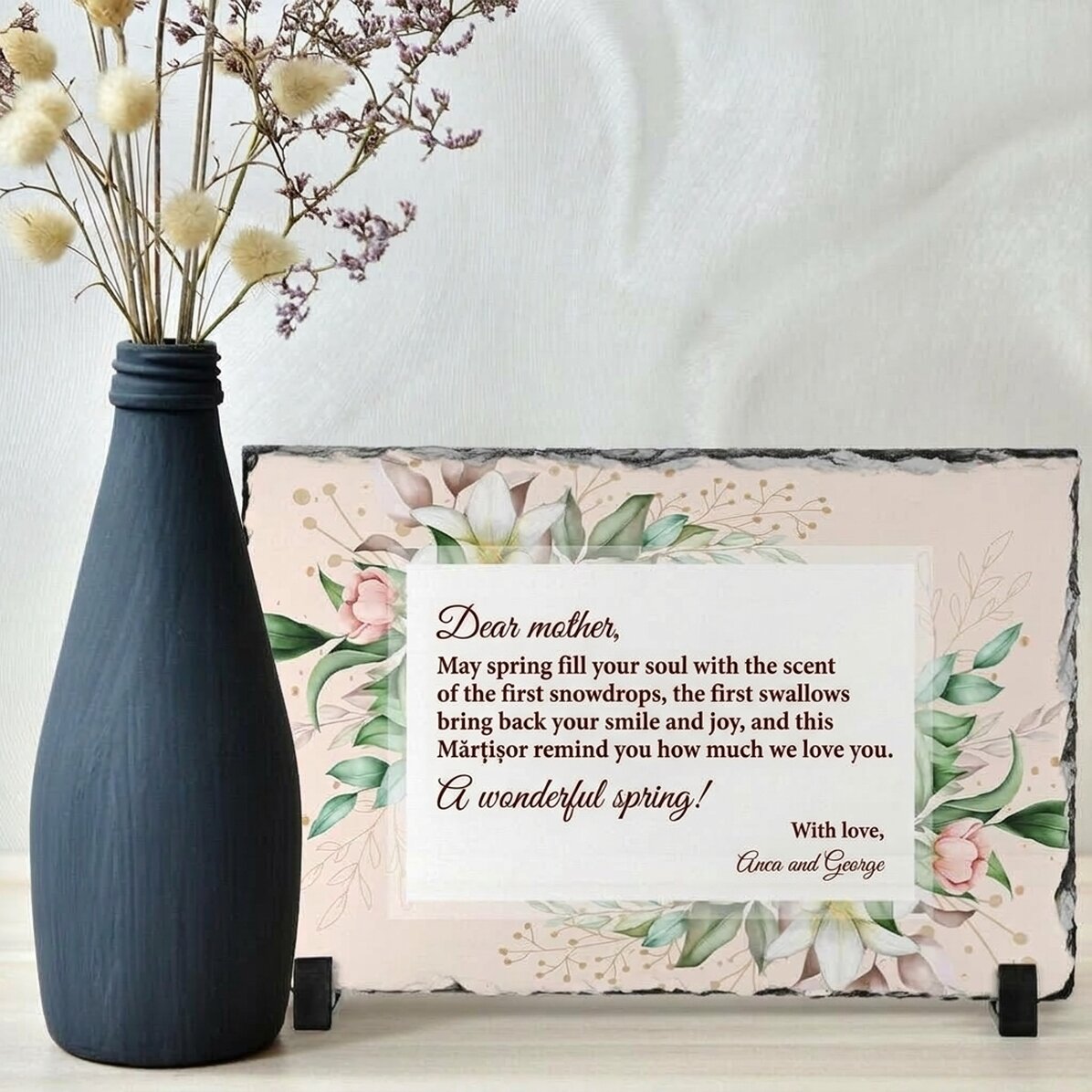 Personalised slate plaque with a spring message
