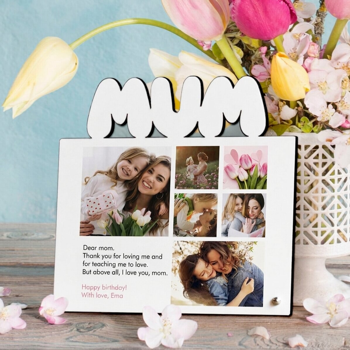 Personalised desk photo frame with 6 photos and message for mum - model MUM