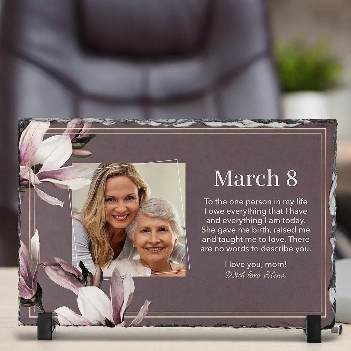 Personalised slate plaque with a photo and message - 8 March