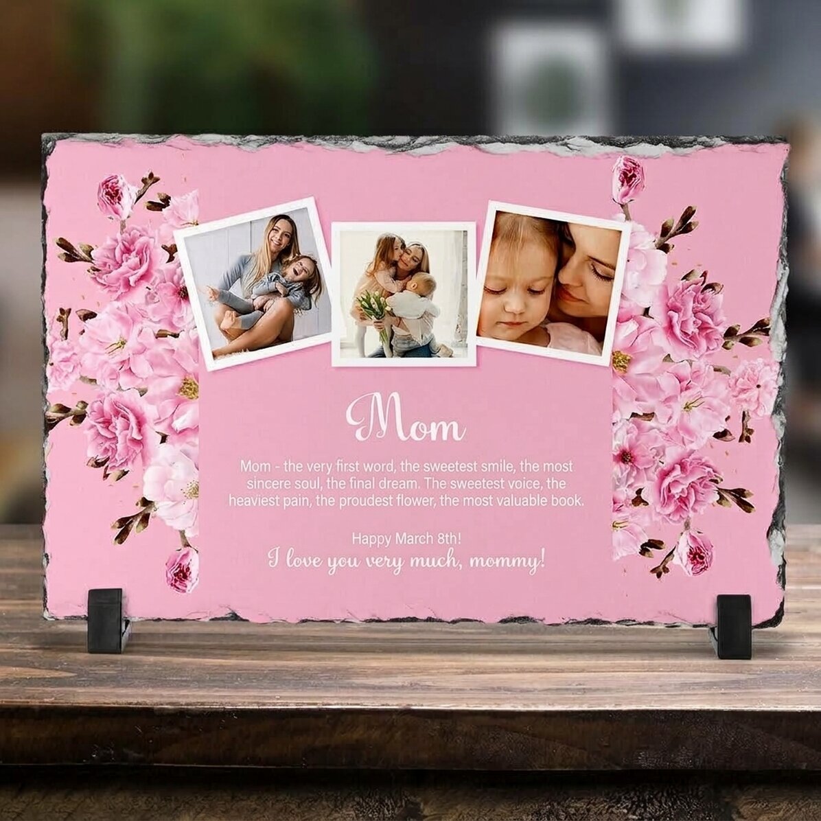 Personalised slate plaque with 3 photos and message for mum