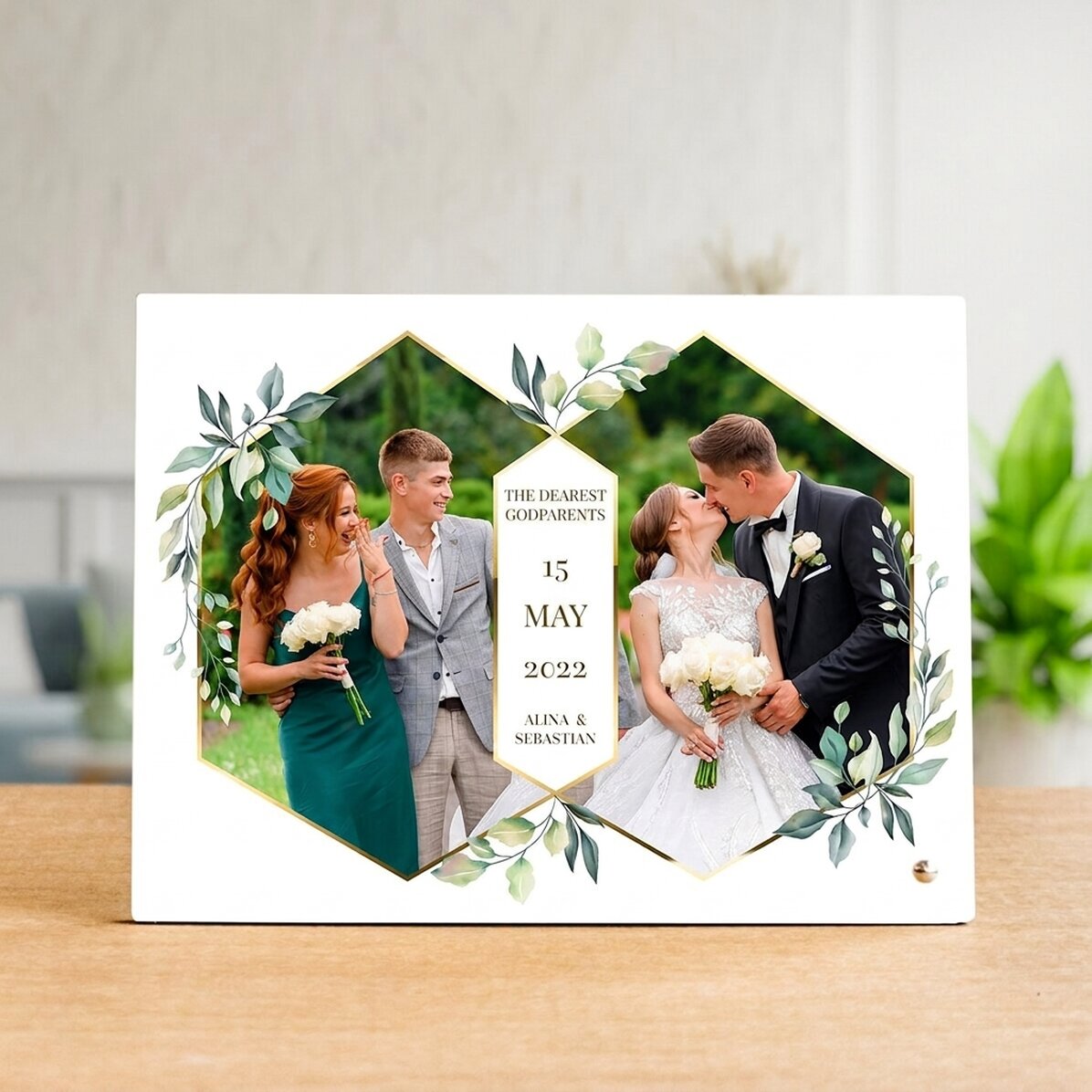 Personalised desk photo frame with 2 photos and text - Wedding