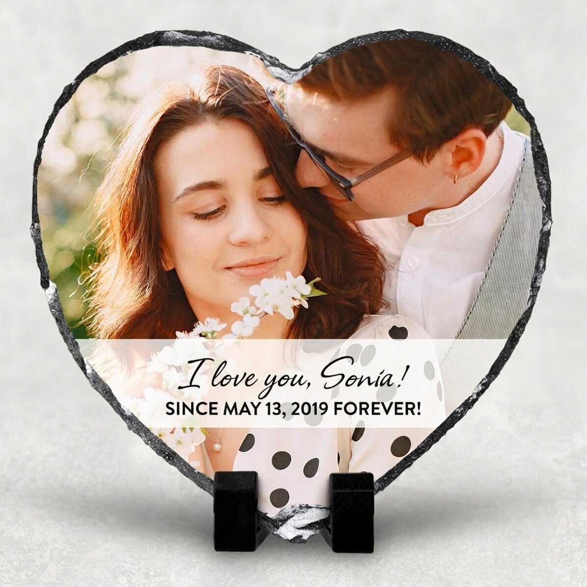 Heart-shaped slate personalised with a photo and message