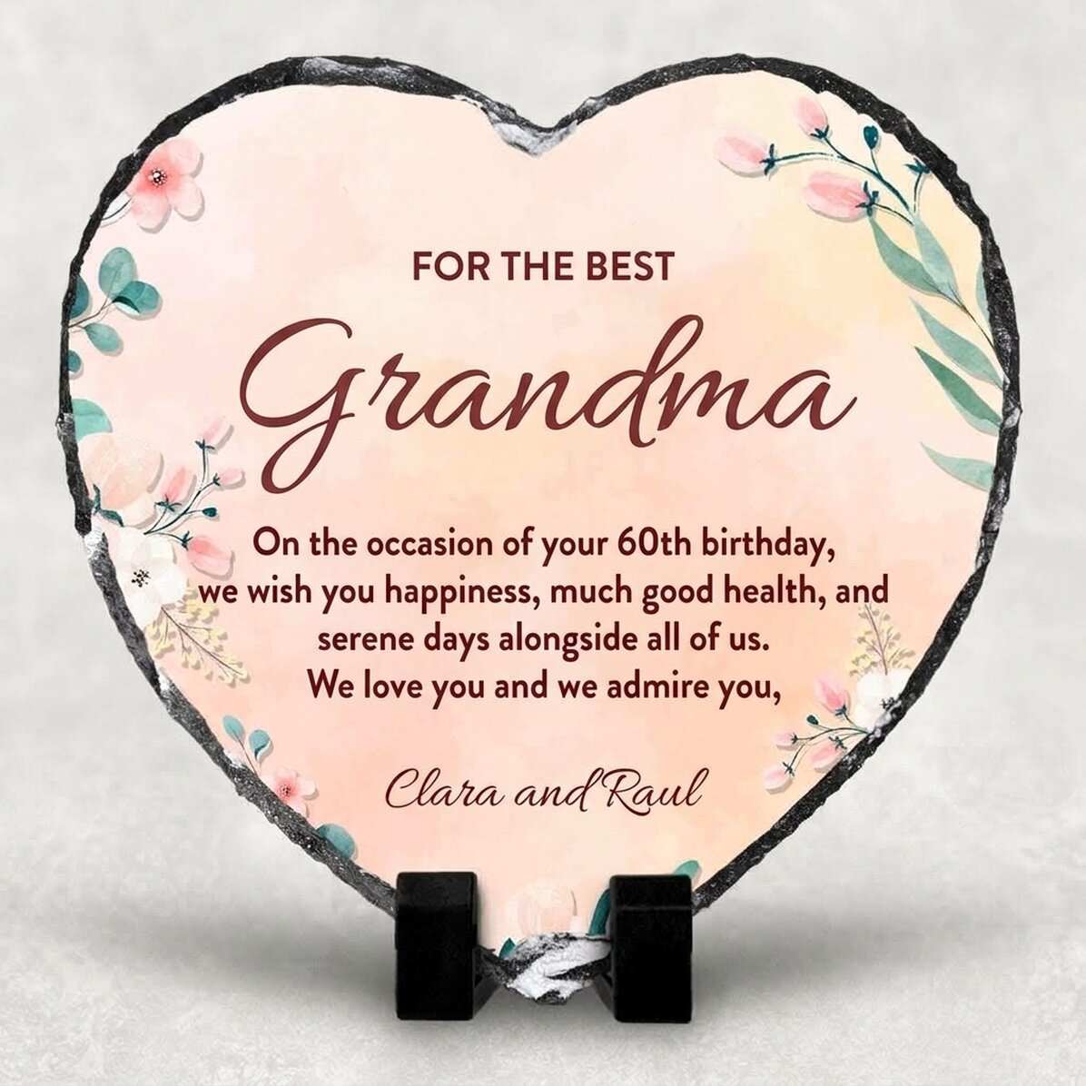 Heart-shaped slate personalised with a message for grandma