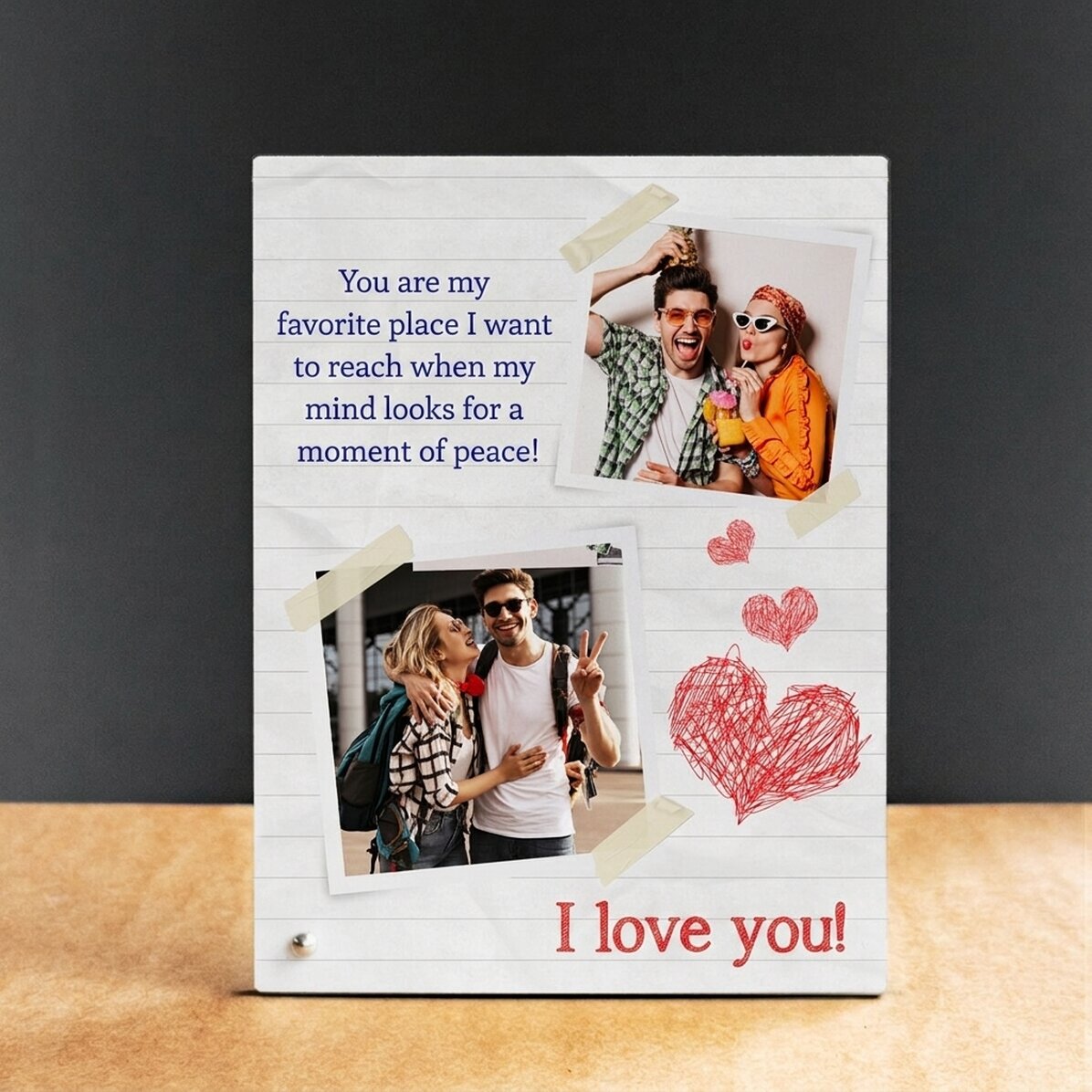 Personalised desk photo frame with 2 photos and text - I love you!