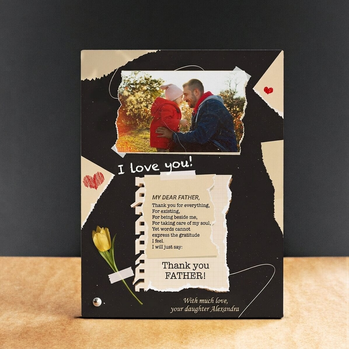 Personalised desk photo frame with a photo and text - Thank you!