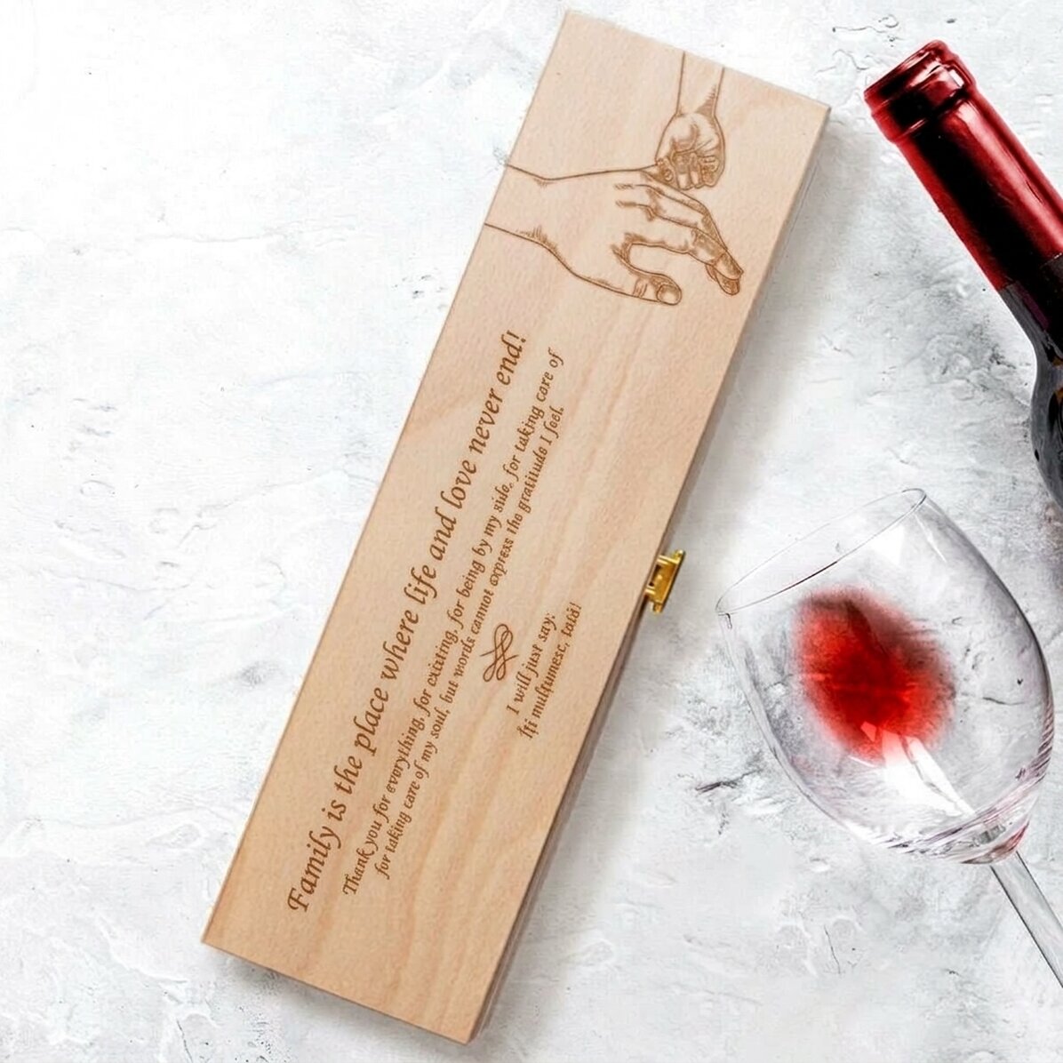 Personalised wine box with a thank you message for dad - Hands