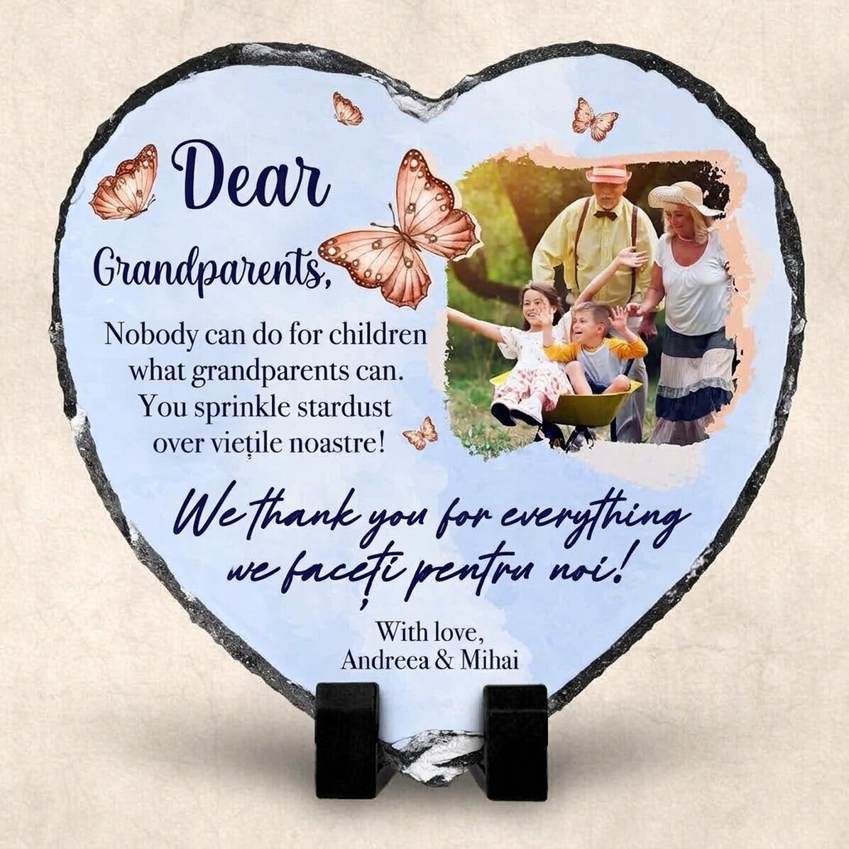 Heart-shaped slate personalised with a message and photo for grandparents
