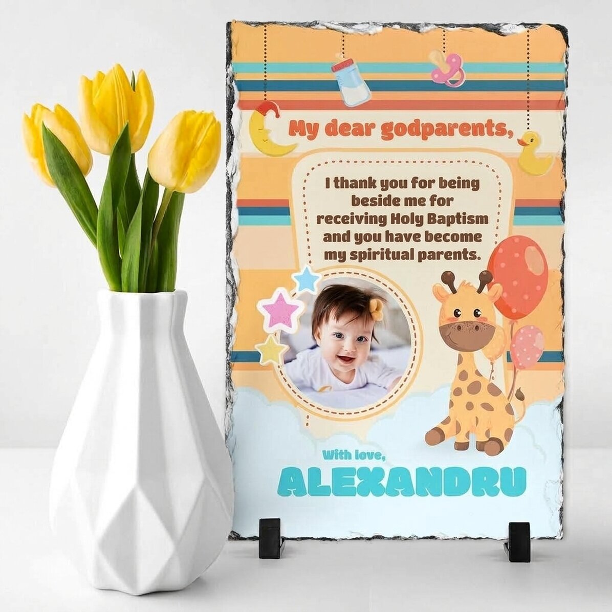 Personalised slate plaque with a photo and message for godparents - Thank you