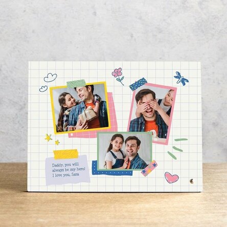 Personalised desk photo frame with 3 photos and message - Dad, my hero