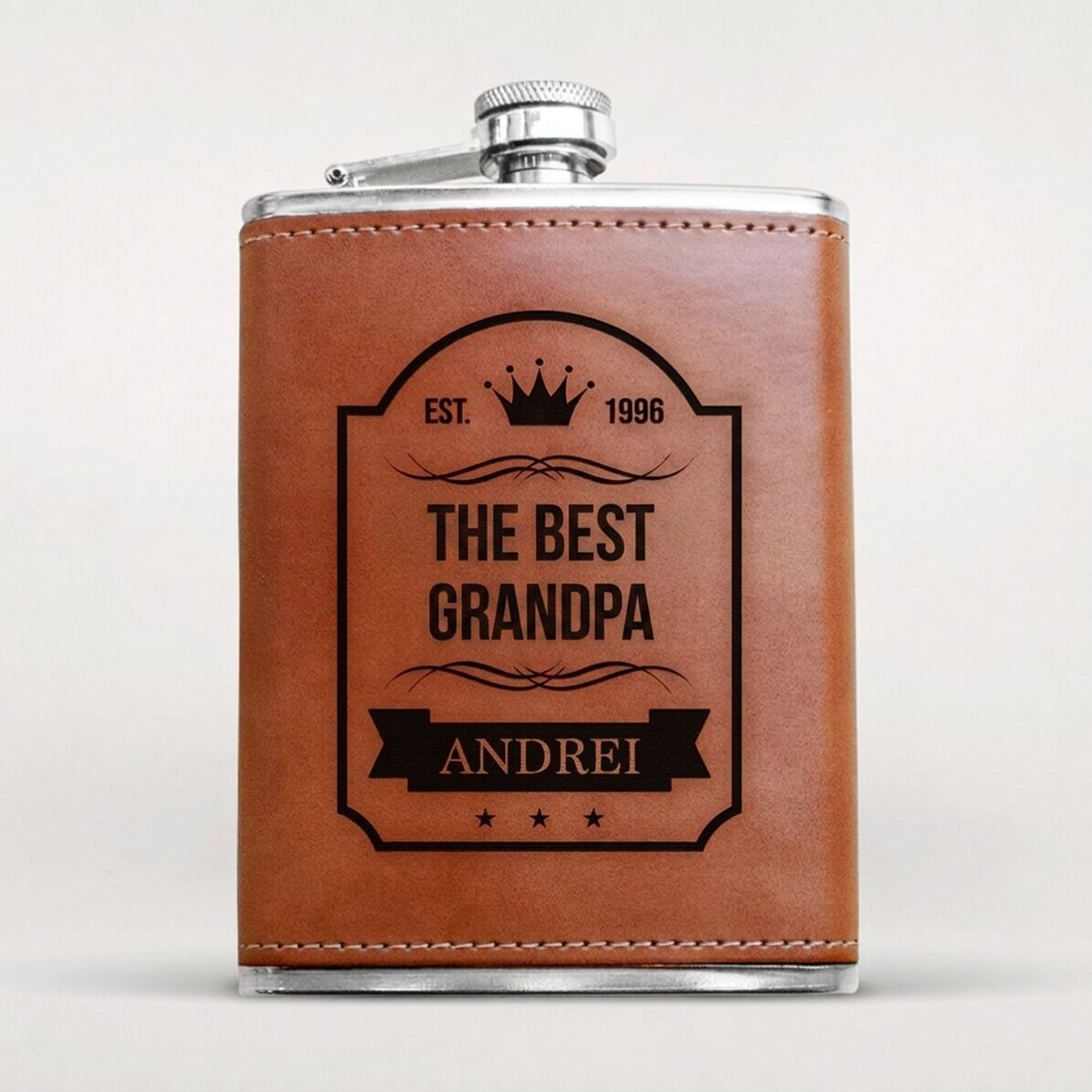 Pocket flask covered in leather and personalised with text - The best