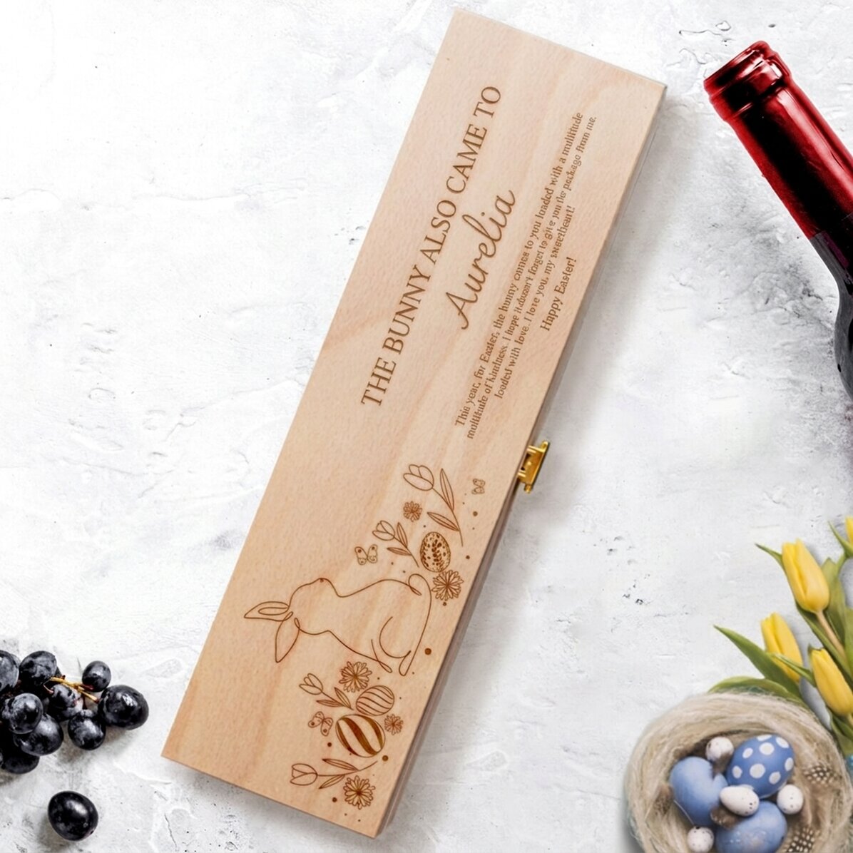 Personalised wine box with Easter message - Bunny with flowers