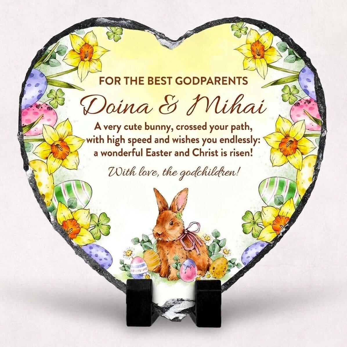 Heart-shaped slate personalised with a message and photo for godparents - Happy Easter