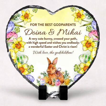 Heart-shaped slate personalised with a message and photo for godparents - Happy Easter