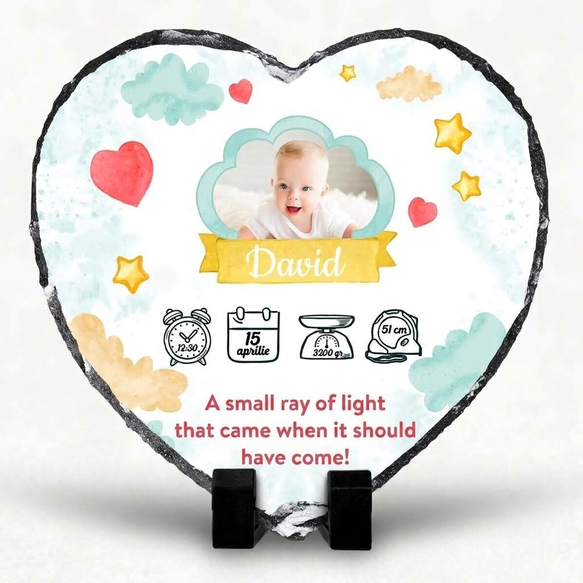 Heart-shaped slate personalised with message and photo - Ray of Light