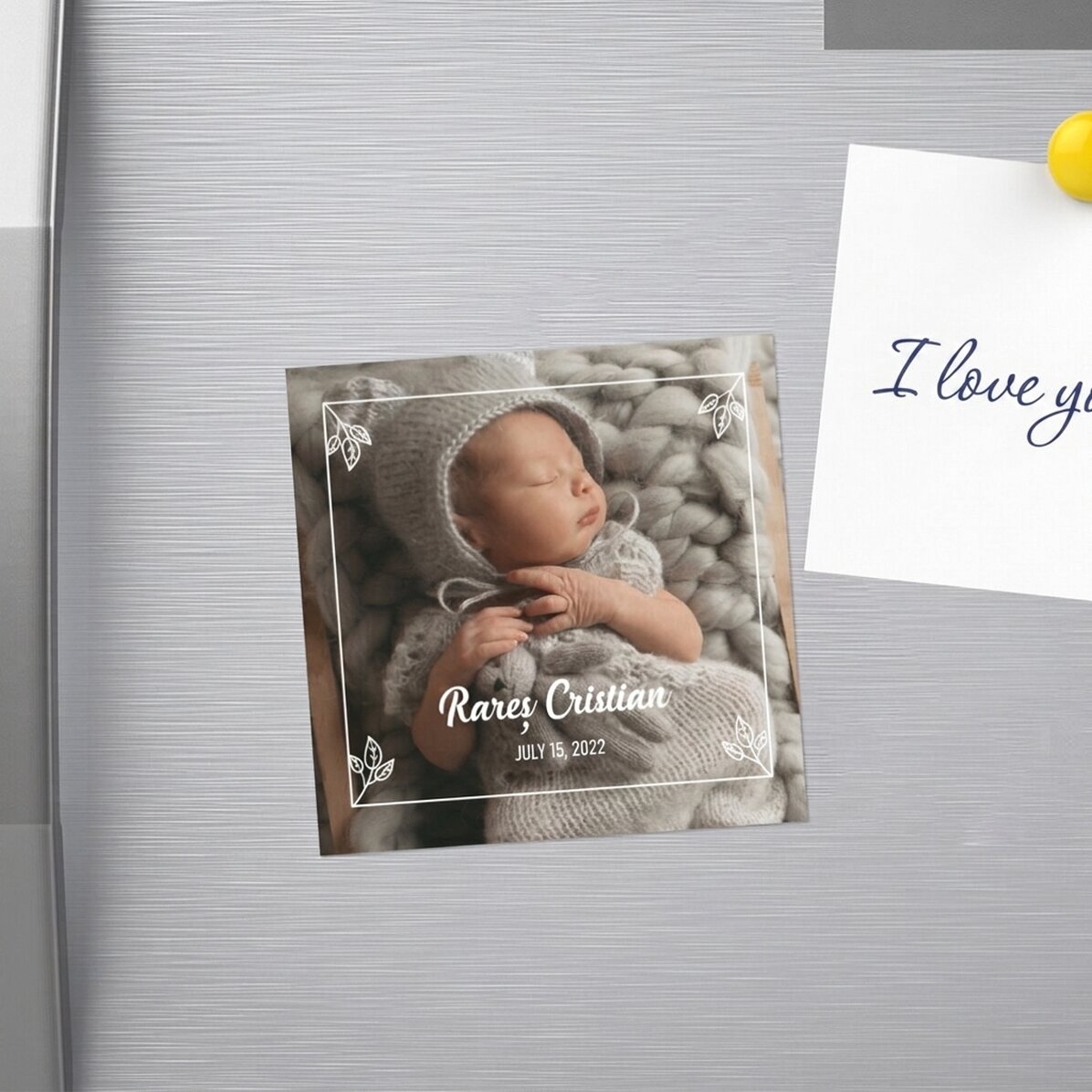 Personalised 10x10 magnet keepsake for christening with a photo and text